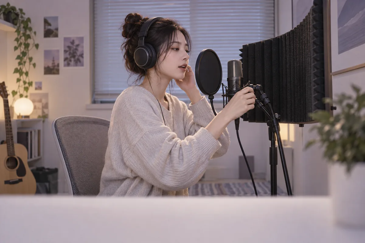 一位成年人在吸音屏前调整麦克风录音