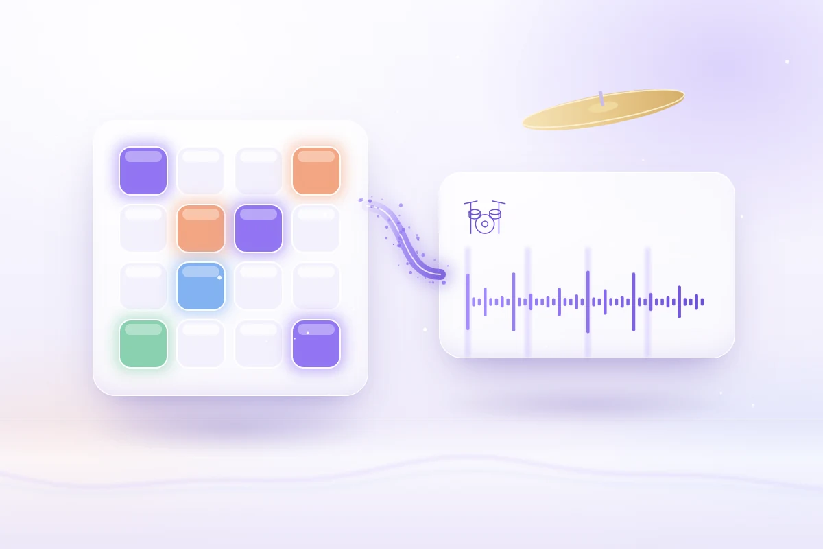A glowing drum pad grid feeding an isolated drum stem waveform, with a cymbal floating above