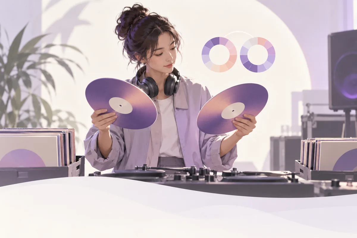 DJ 挑选两张唱片,背景色环暗示和谐混音