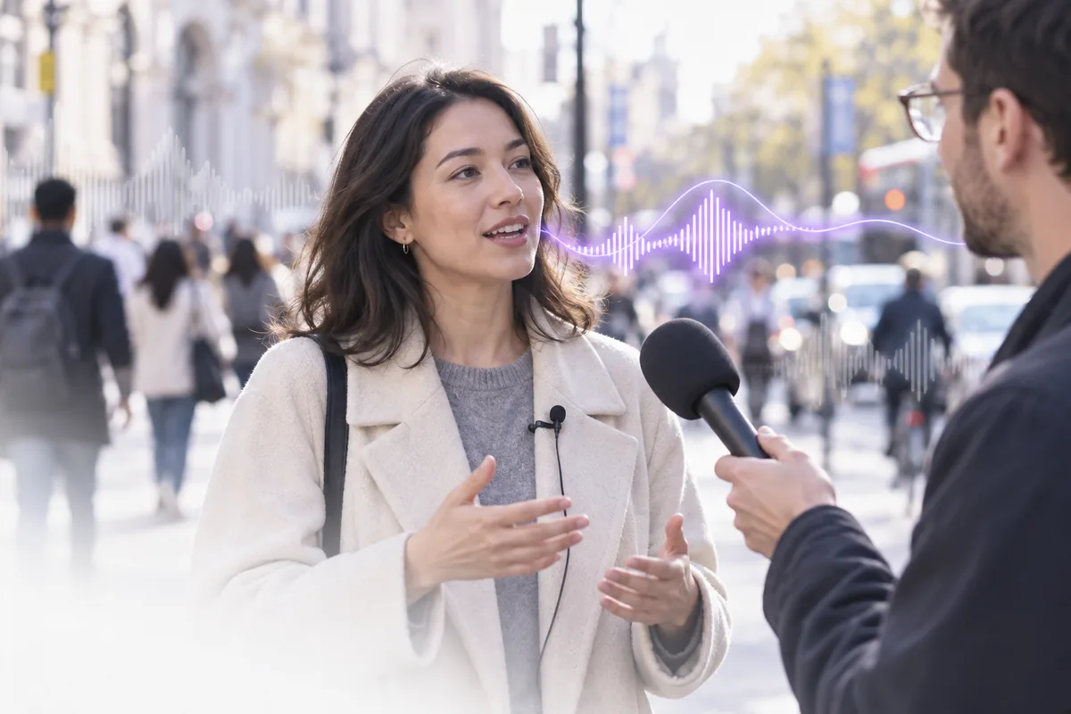 街头采访中的女子讲话，紫色声带从嘈杂背景中显现