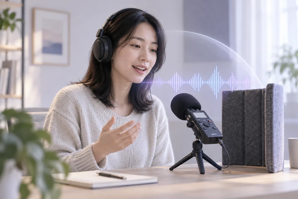 女子在吸音屏与便携录音机旁录制参考语音