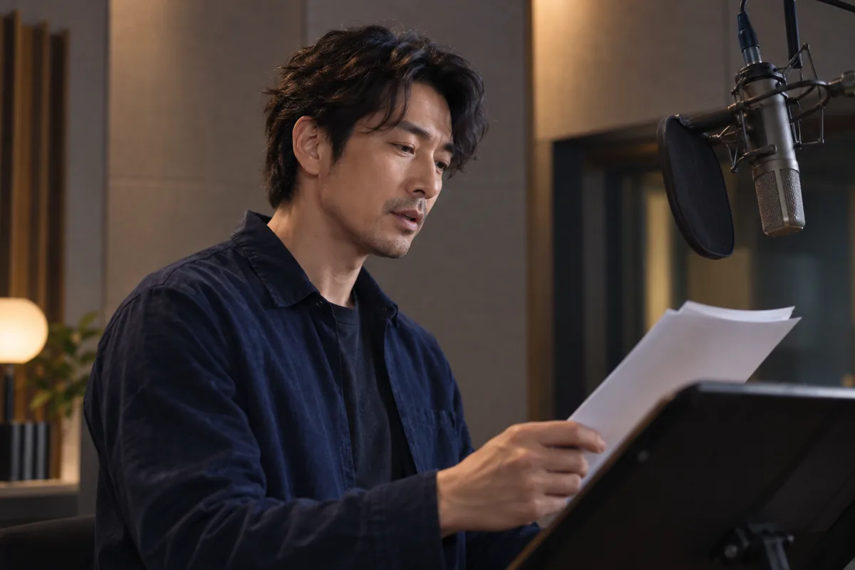 原创男旁白演员在录音棚专注地读稿