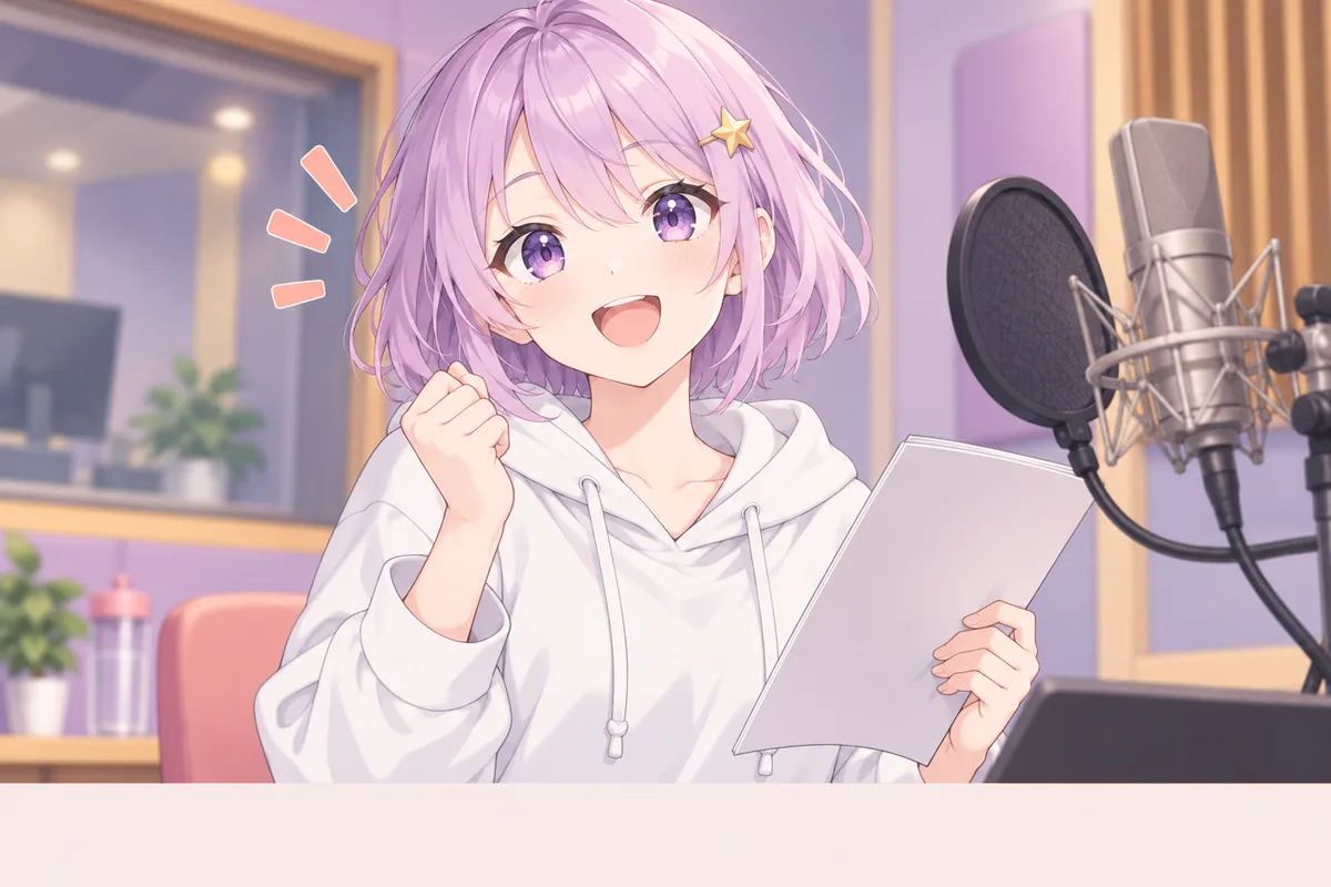 粉紫短发的原创动漫角色在录音棚活泼配音