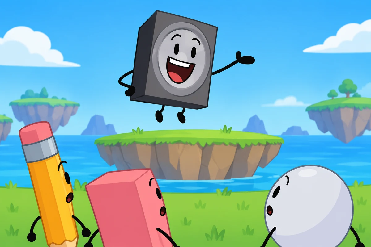 A smiling speaker announcer floats above object contestants on a grassy island