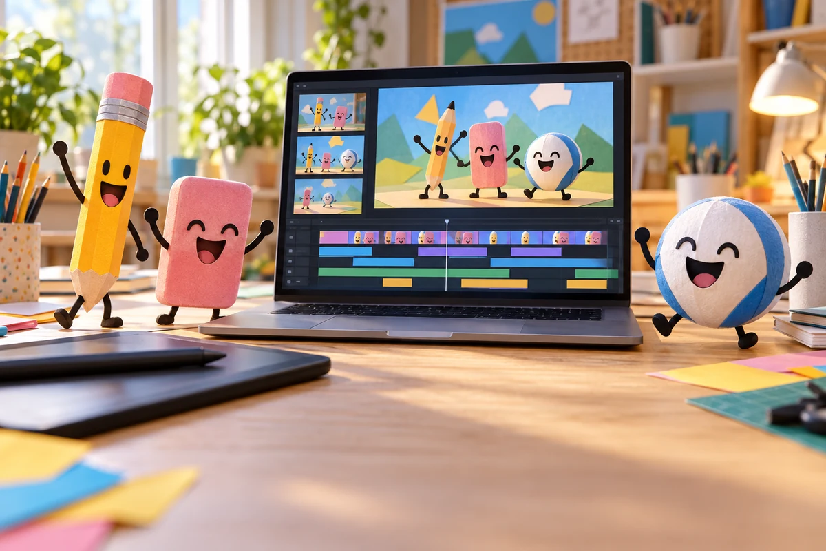 A creative desk shows an object-character animation in a laptop video editor