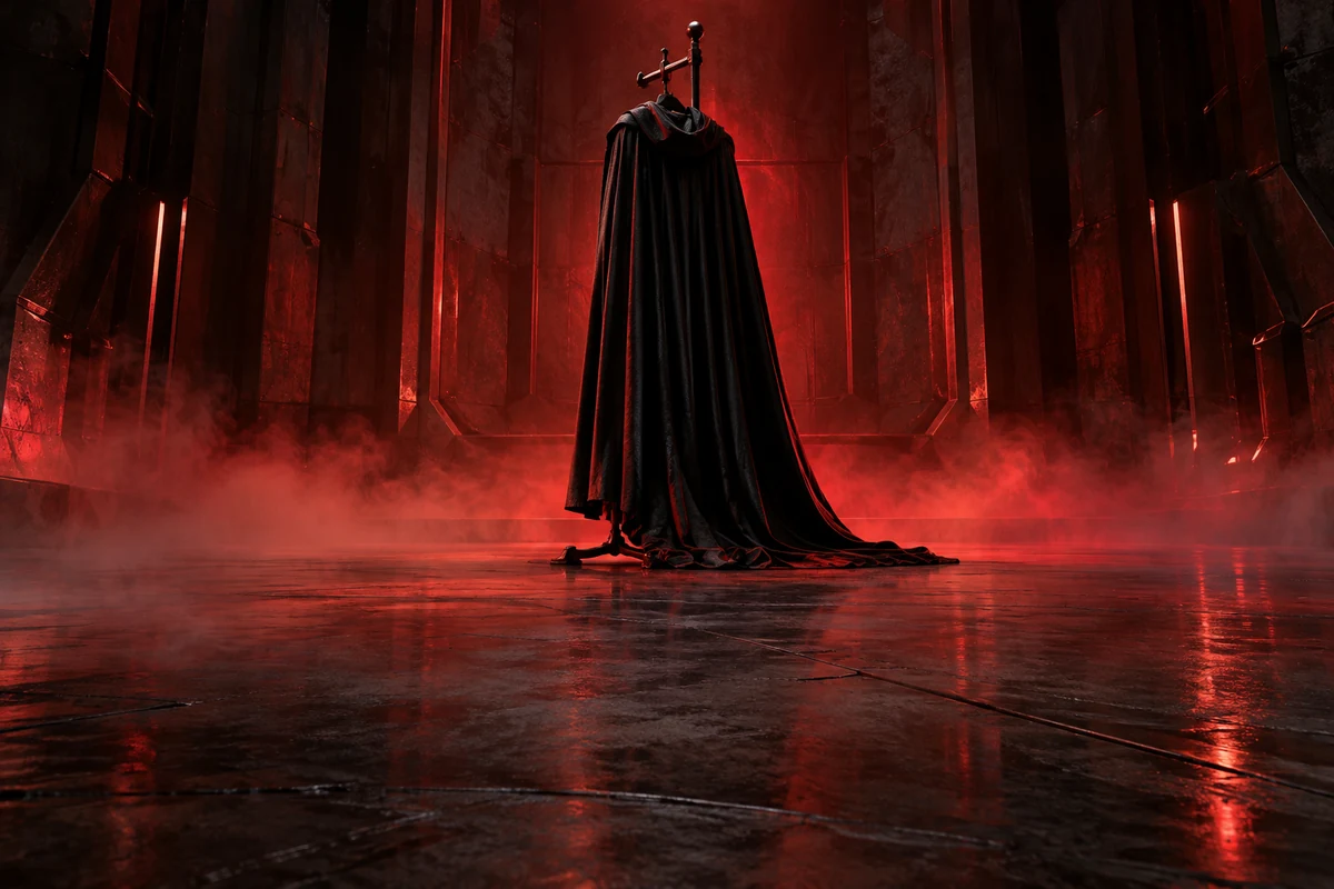 A heavy black cape hanging on a stand in an empty metal chamber lit deep red, with thin smoke on the floor