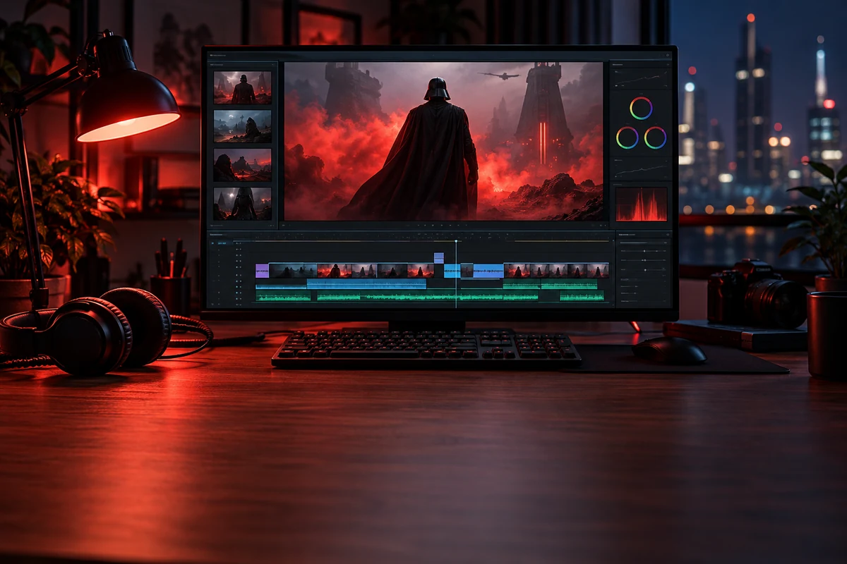 A video editing monitor shows a dark caped commander in a red-lit trailer scene