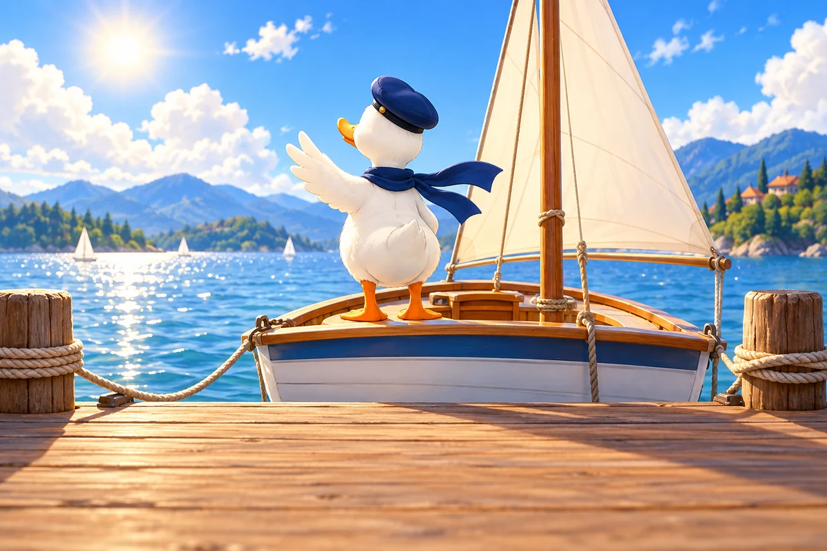 A white sailor duck gestures playfully from a sailboat at a sunny lake dock