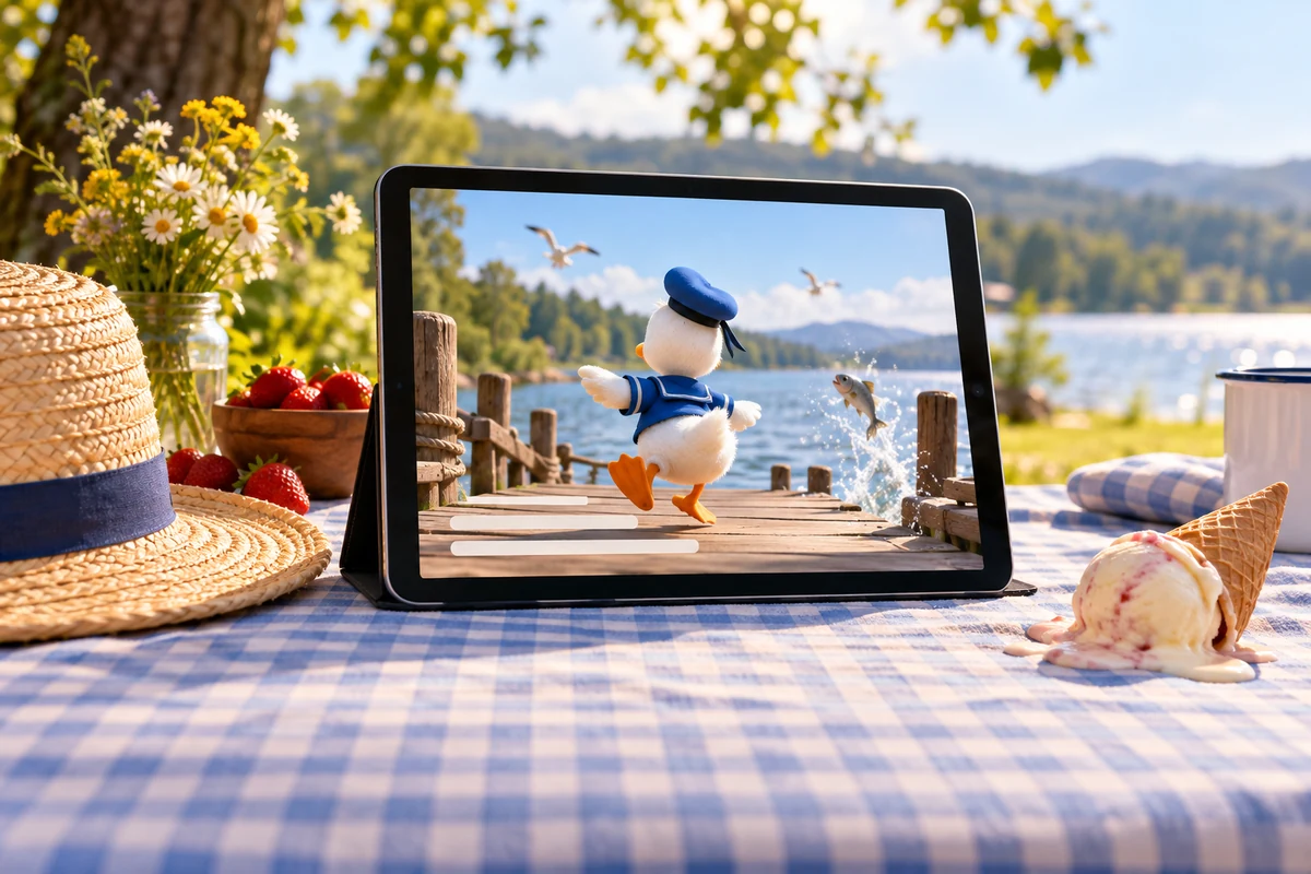 A tablet on a picnic table plays a sailor duck cartoon beside a hat and ice cream