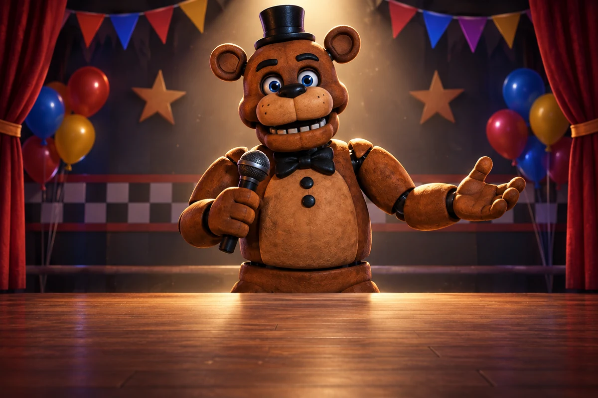 Freddy Fazbear stands under a spotlight on a decorated pizzeria stage