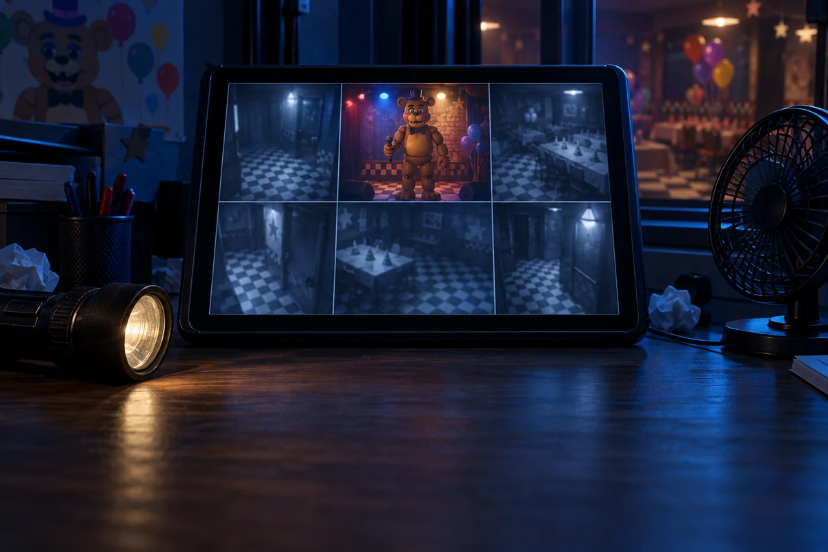 A security office tablet shows Freddy Fazbear on a stage among camera feeds