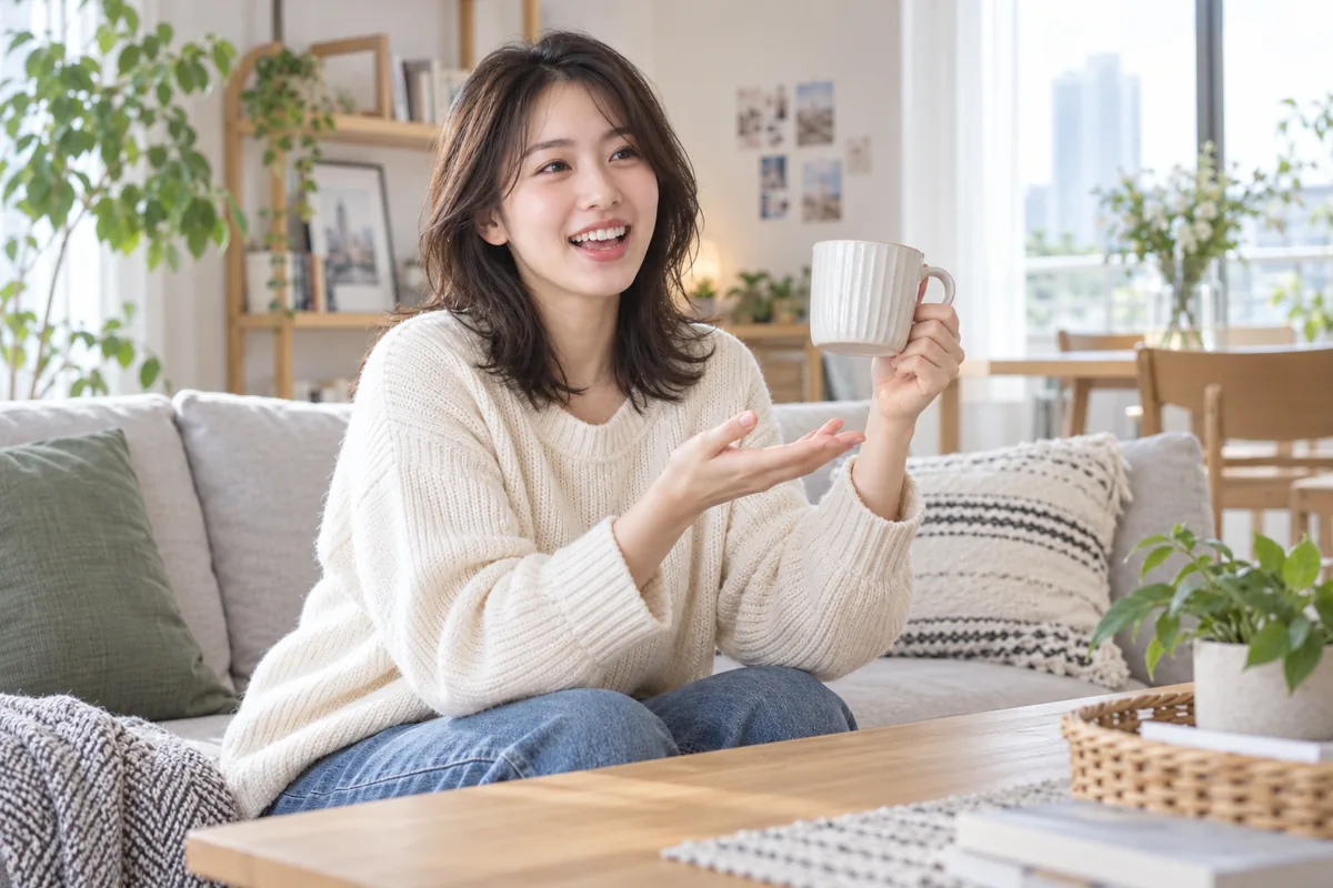 同一位女创作者在家中讲解手中的杯子