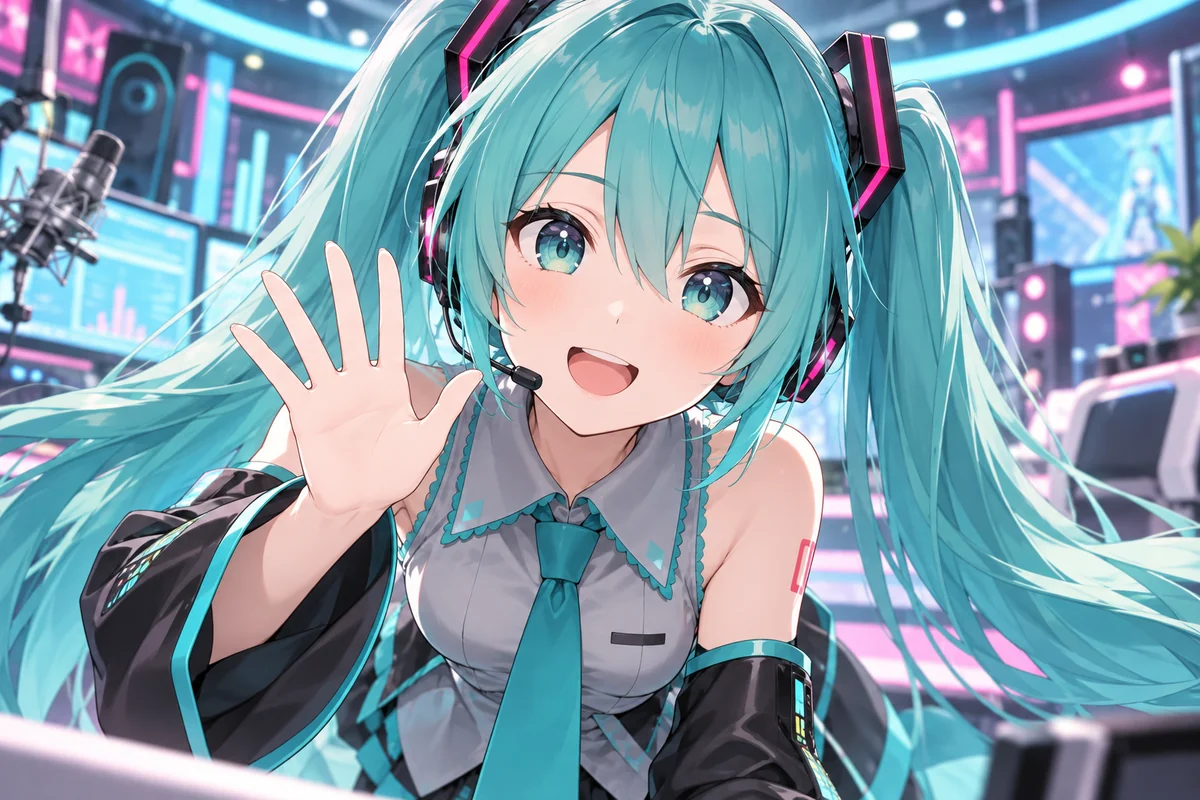 Hatsune Miku smiles and waves in a colorful virtual studio
