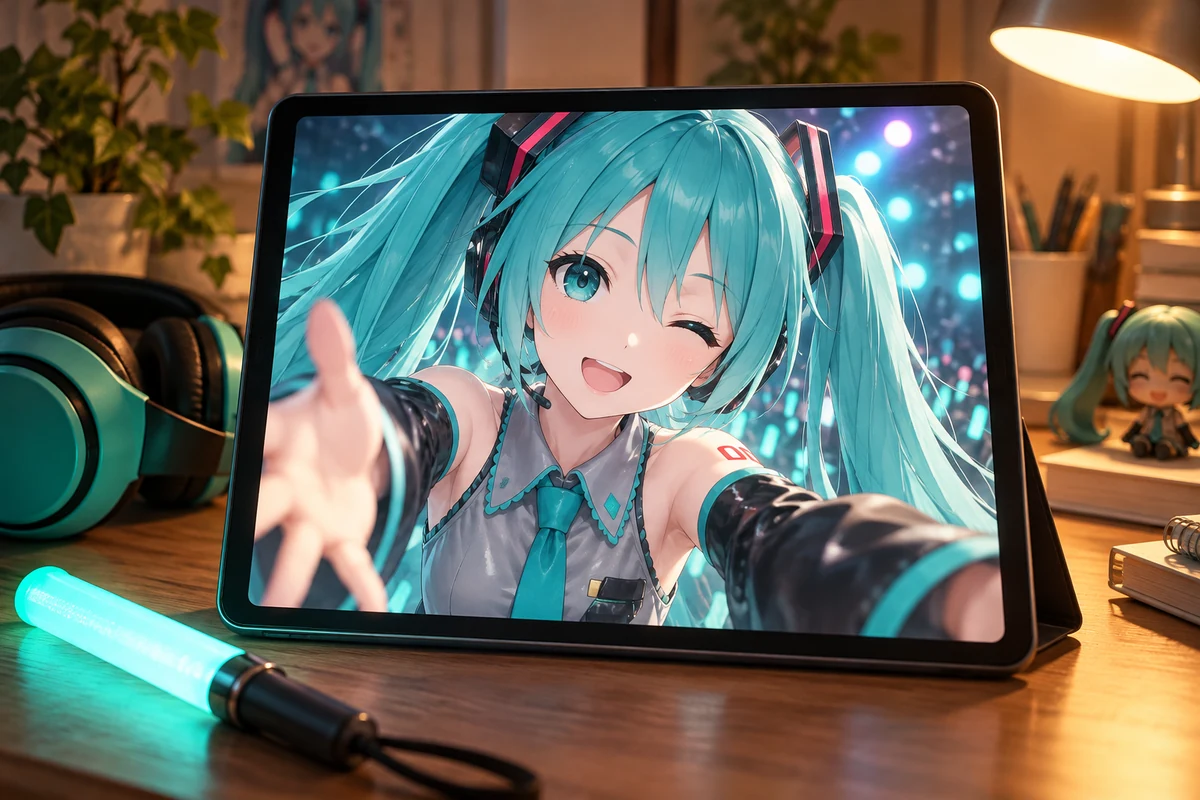 A tablet plays a short video of Hatsune Miku beside teal headphones and a glow stick