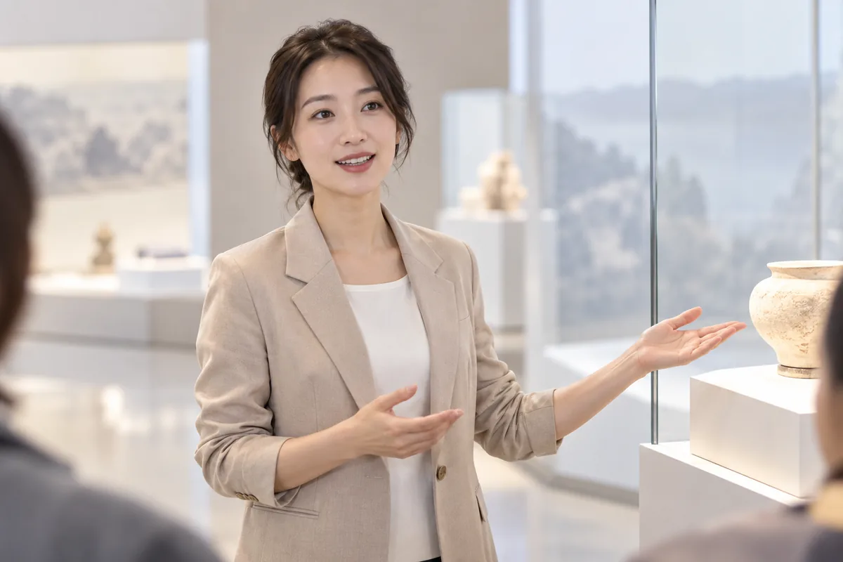 一位女讲解者在明亮展馆介绍展品