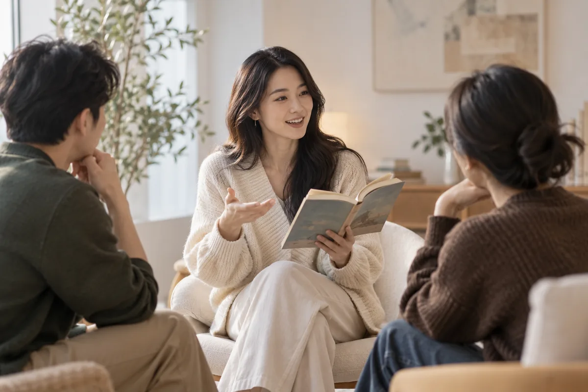 一位女子向两位听众讲述书中的故事