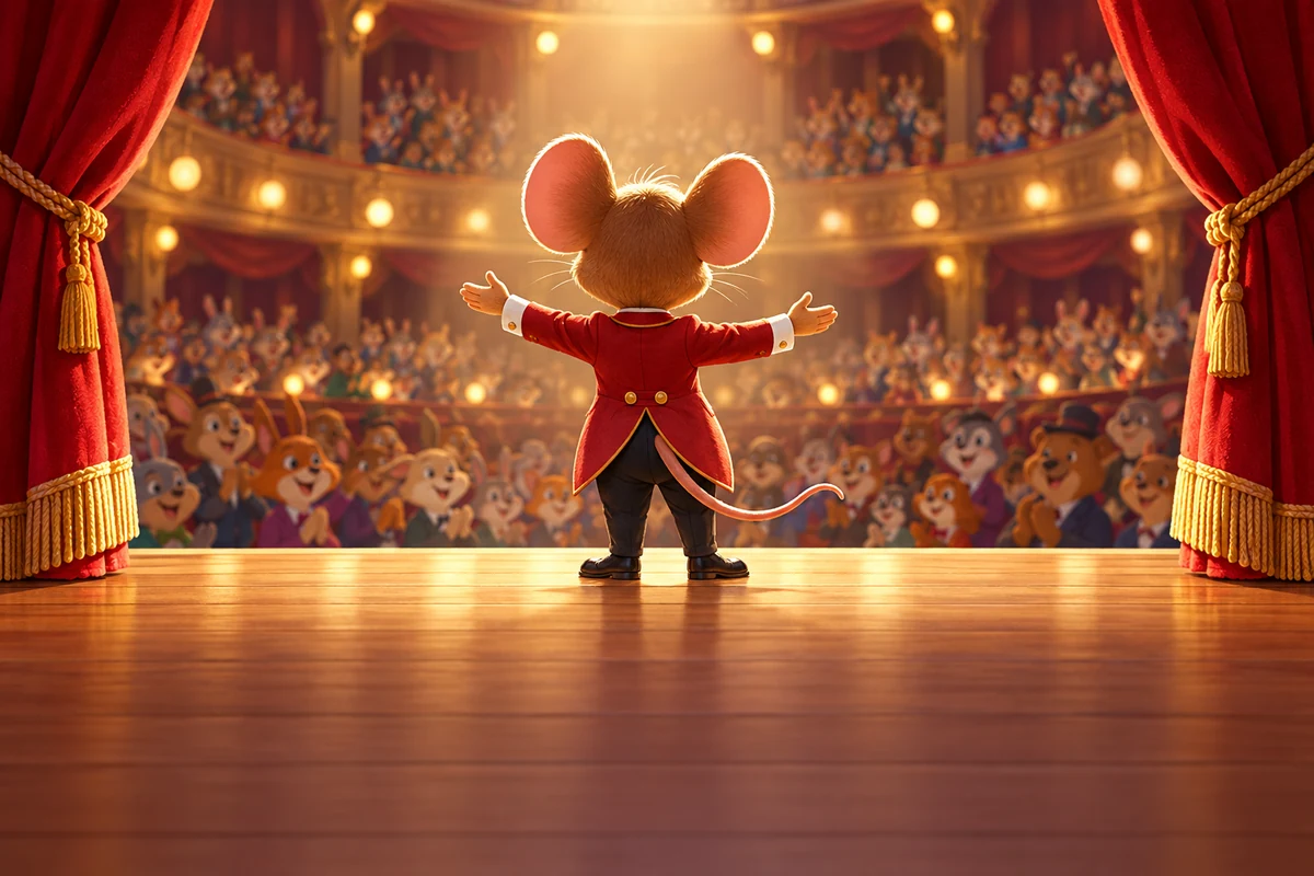 A round-eared cartoon mouse greets a theater audience from a red-curtained stage