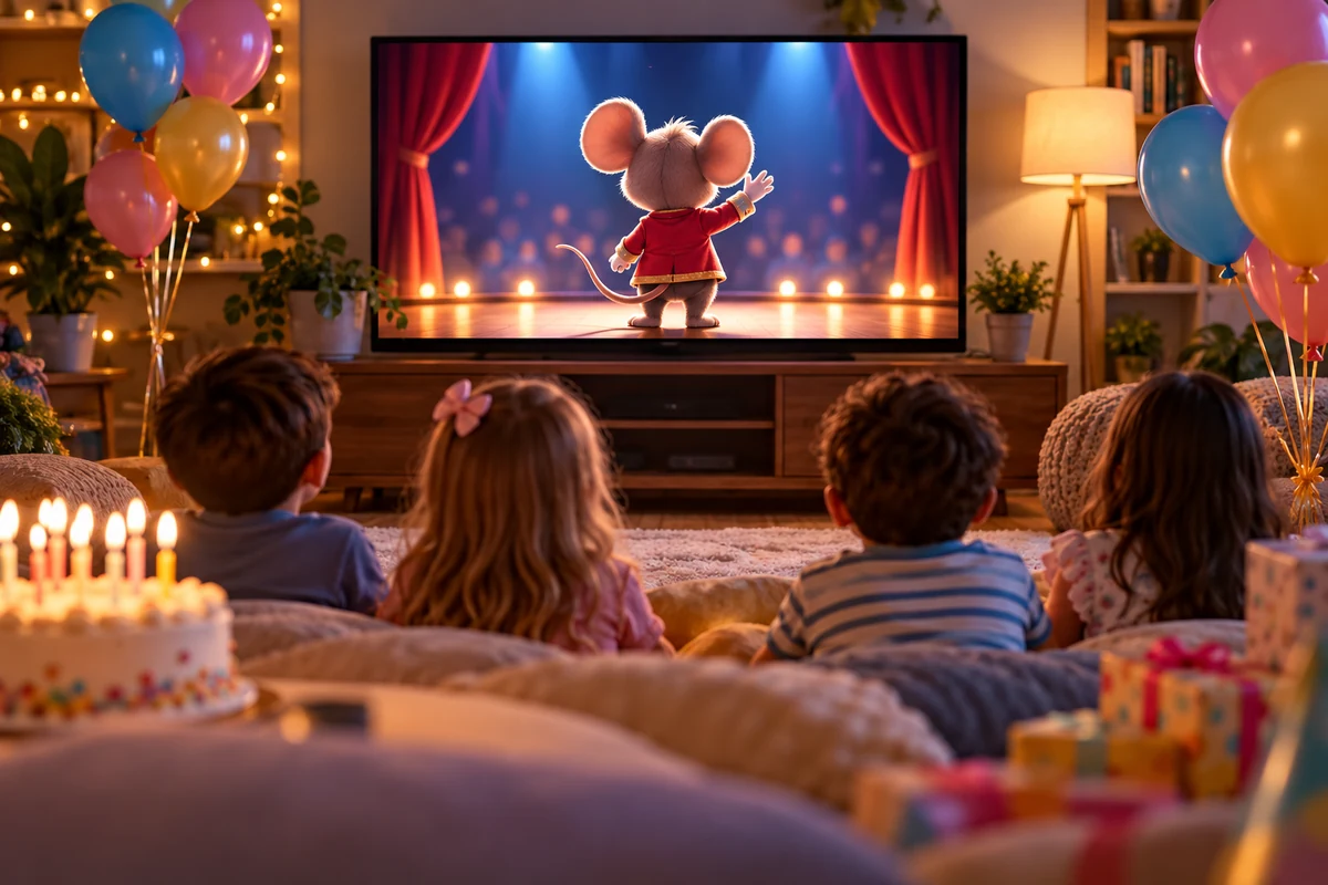 Children watch a round-eared cartoon mouse greeting them on a birthday party television