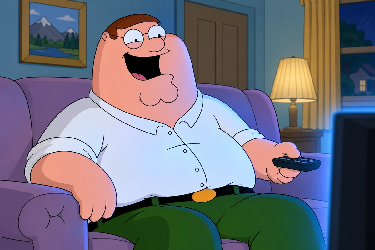 Peter Griffin laughs on his living room couch in blue television light