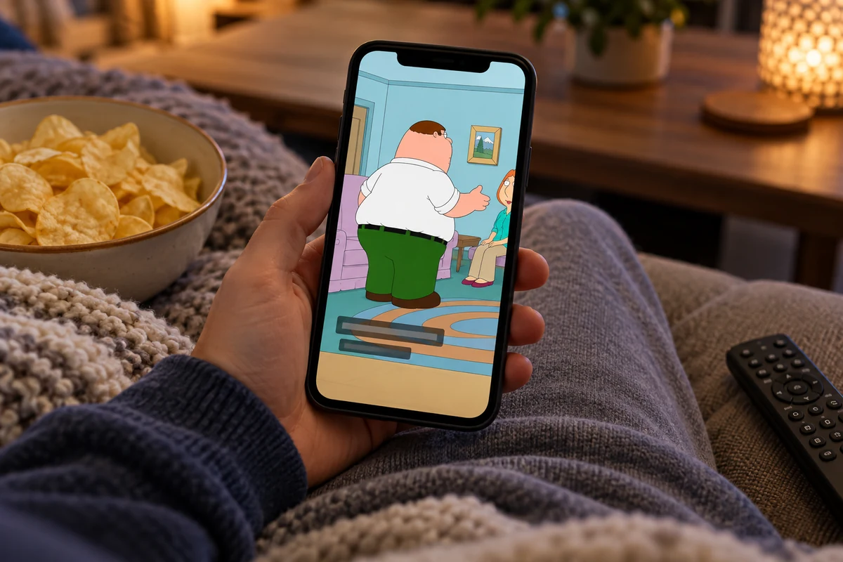 A phone on a sofa shows a cartoon father talking in a short video beside chips and a remote