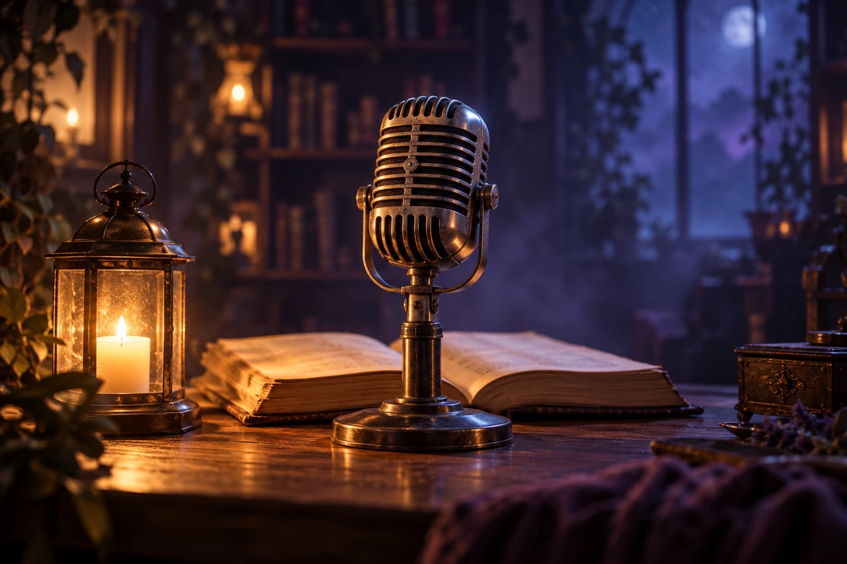 A microphone on a stand beside a small candle lantern and an open book on a desk in a dark room