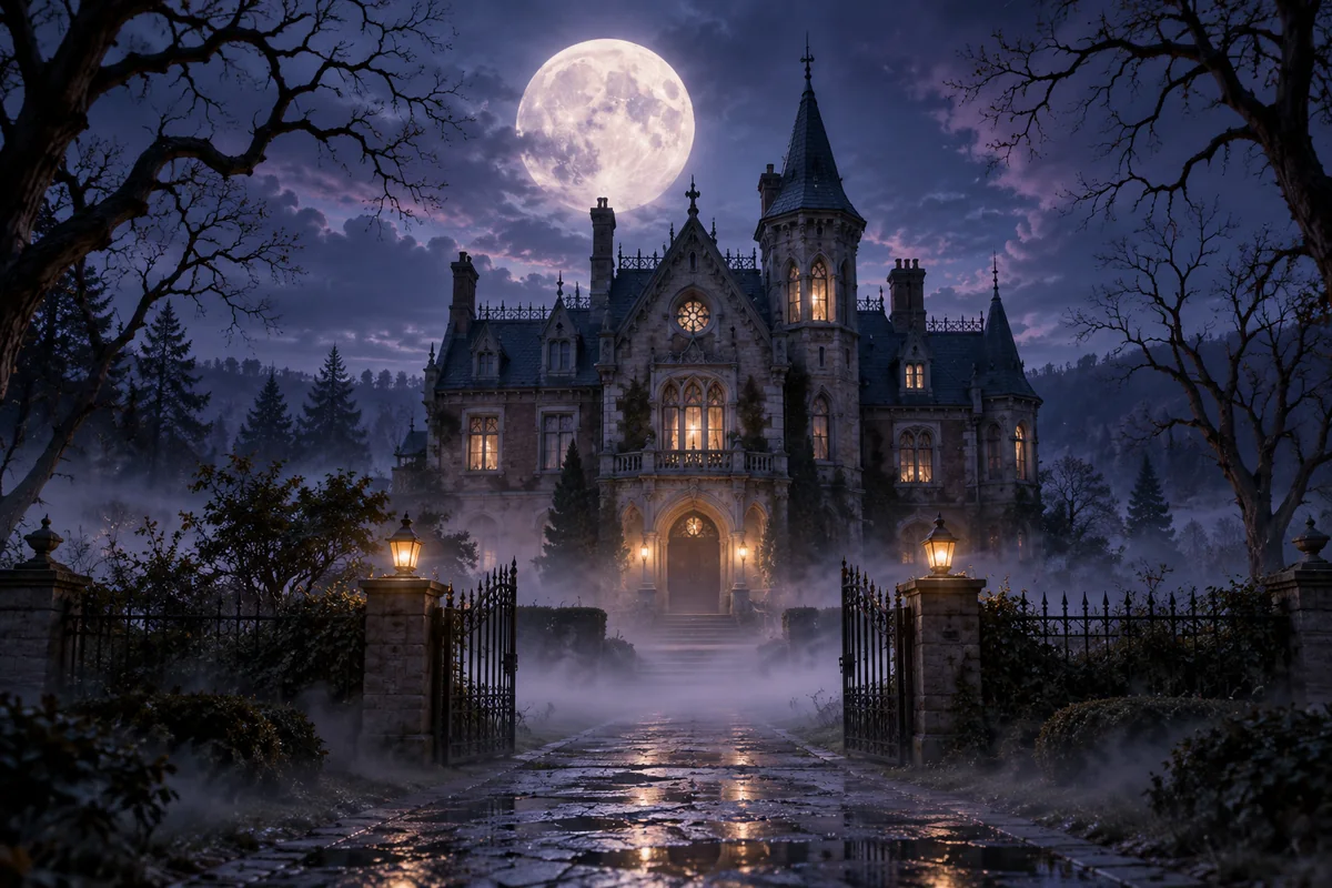 A dark old manor with dimly lit windows under a full moon, with a foggy path leading up to it