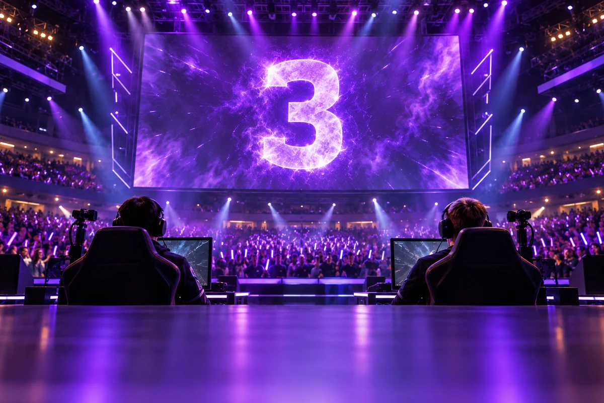 An esports tournament stage glows purple as a screen counts down from three
