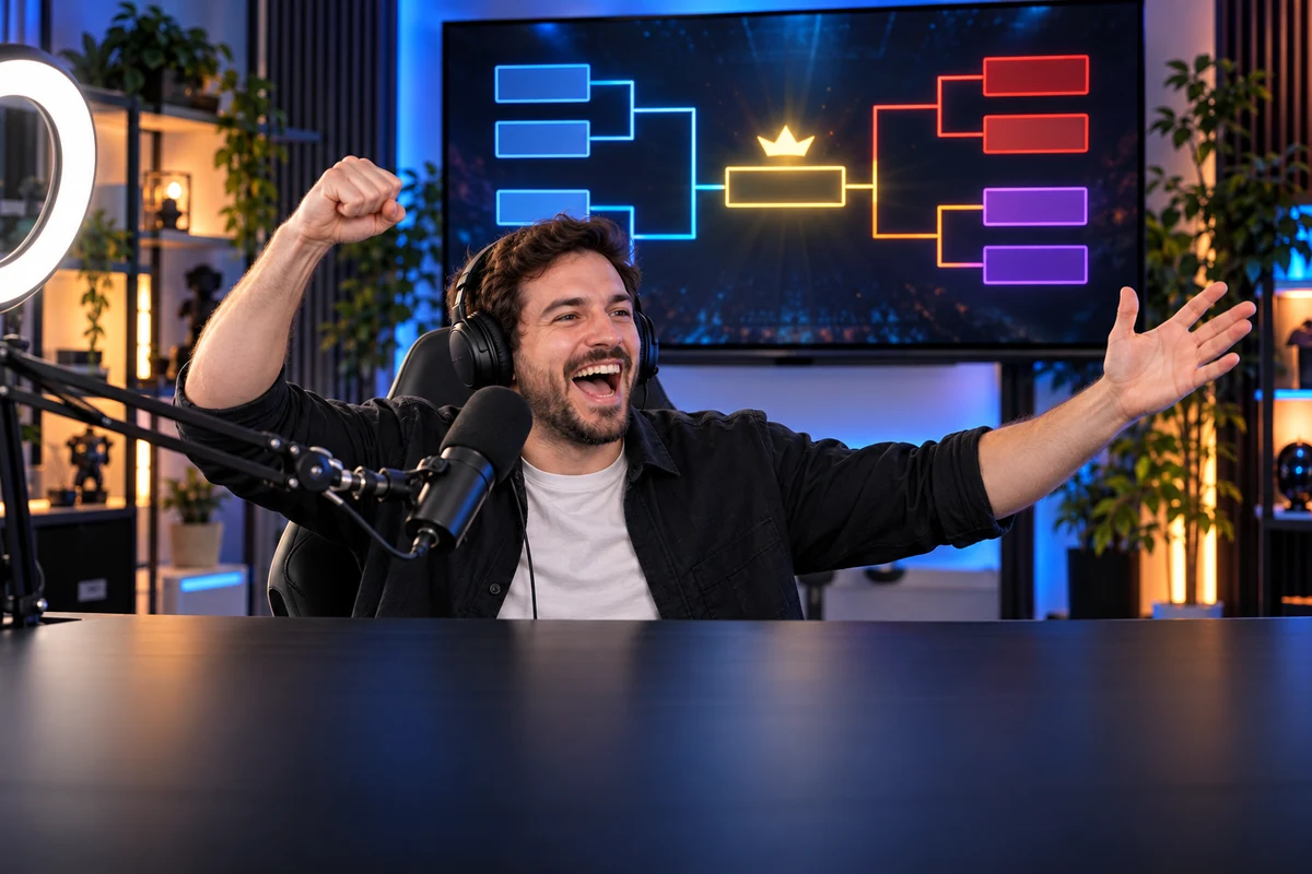 A streamer cheers beside a screen showing an eight-player tournament bracket