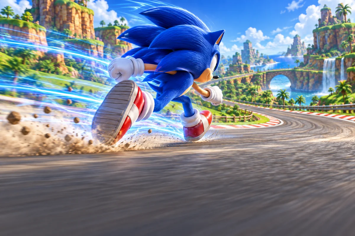 A blue hedgehog runs around a bright race track with dust and blue speed trails
