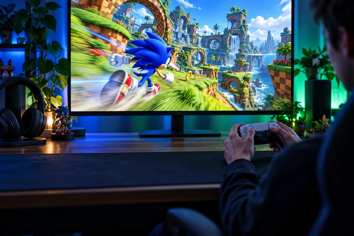 A player watches a blue hedgehog racing game on a monitor at a gaming desk