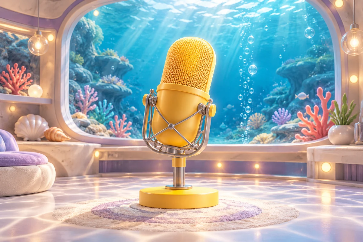 A yellow microphone in a bright underwater recording booth, with bubbles rising past the window