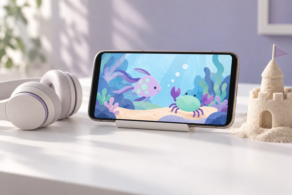 A phone on a desk playing a cartoon video, next to headphones and a small sandcastle