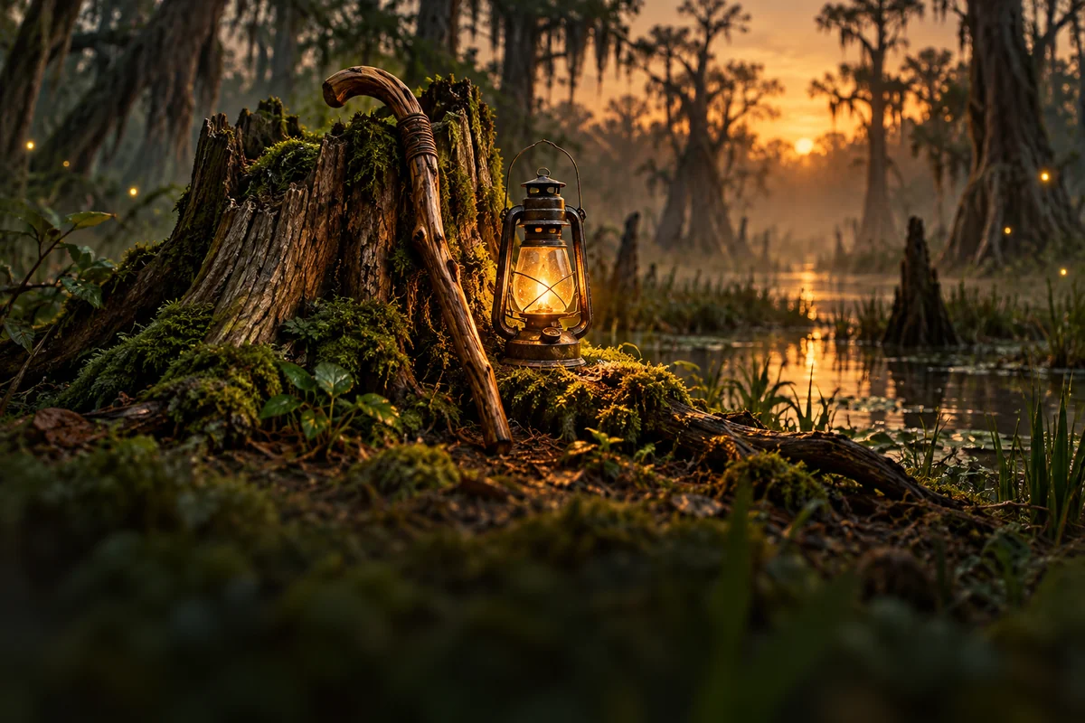 A short wooden walking stick leaning on a mossy stump beside a glowing lantern in a misty swamp at dusk