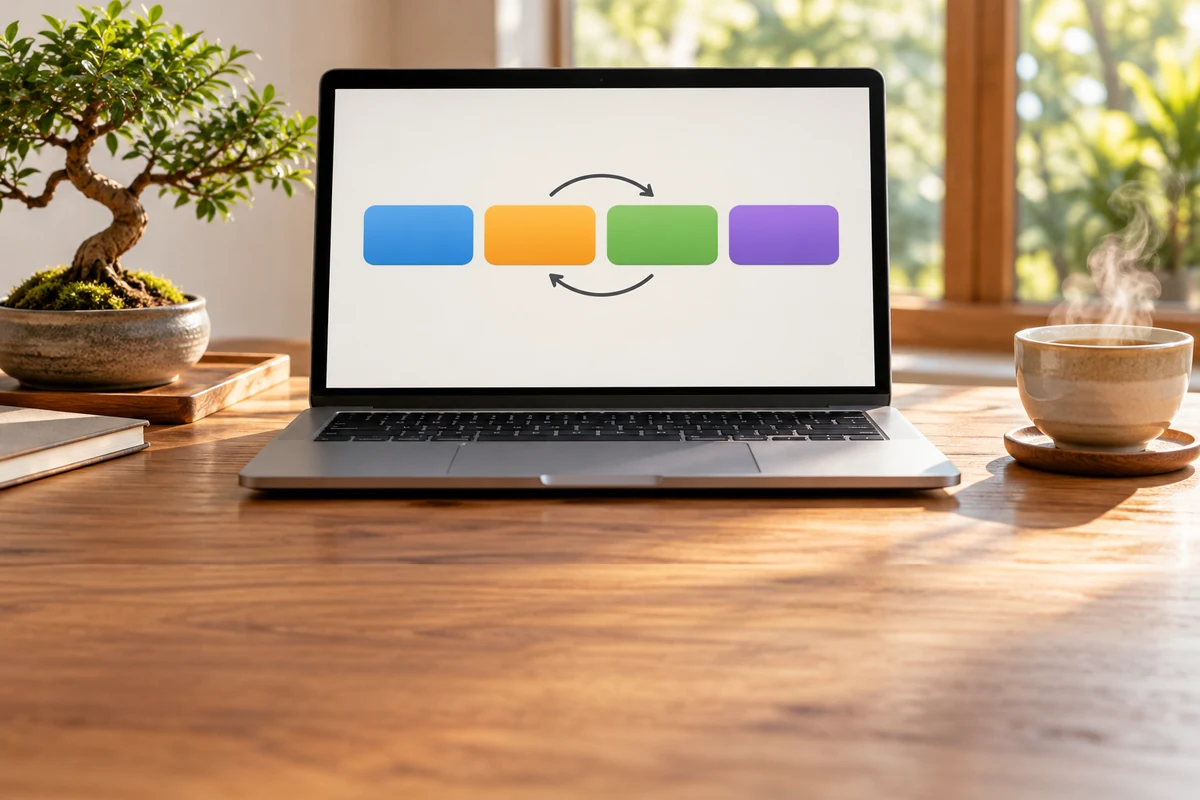 A laptop showing colored word blocks swapping places, beside a small bonsai tree and a cup of tea